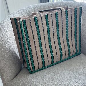 Striped Tan and Green Tote Bag